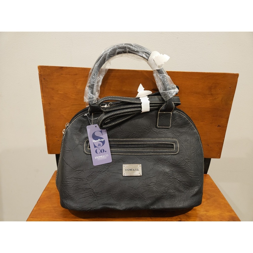 Stone & Co. Nancy‎ Large Dome Satchel Black Purse White Stitch NEW